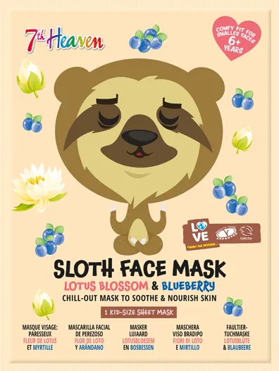 7th Heaven Animal Face Sheet Mask Sloth - with Lotus Blossom and Blueberry Chill Out Mask to Soothe and Nourish Mask