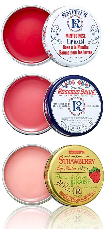 Smith's Rosebud Salve Pack of 3 Tins (Original, Minted Rose, Strawberry) 0.8 oz /22g
